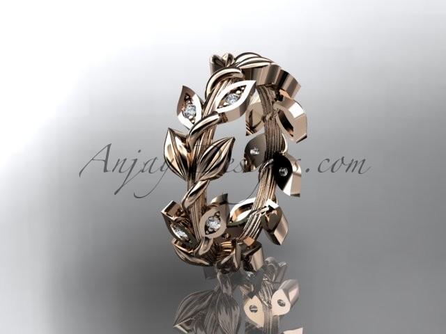 زفاف - 14kt rose gold diamond leaf wedding ring, wedding band ADLR120