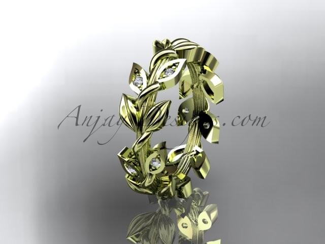 Hochzeit - 14kt yellow gold diamond leaf wedding ring, wedding band ADLR120