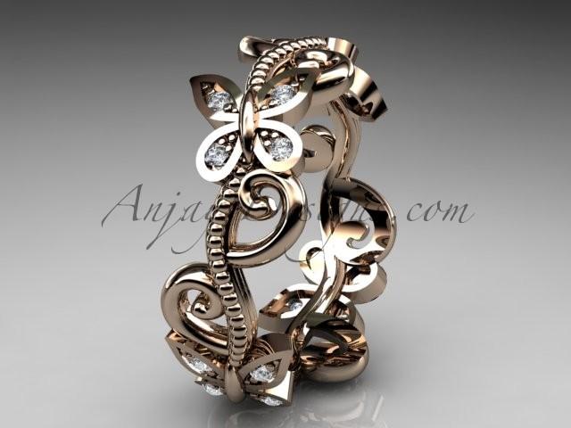 Wedding - 14kt rose gold diamond floral butterfly wedding ring, engagement ring, wedding band ADLR138