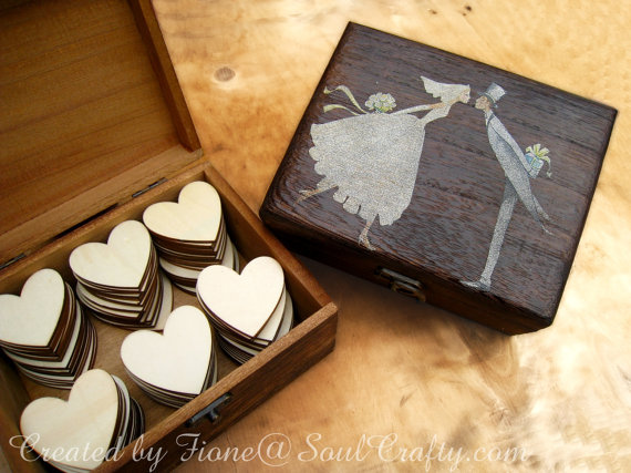 Mariage - Big Dark Rustic Box Wooden Hearts for Wedding Guest's Cards Advice or Wooden box Advise Box GuestBook Alternative Jewelry Box Gift Box