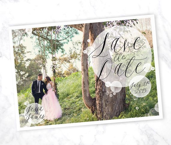 Wedding - Wedding Save The Date With Enagement Photo // Bubbles // Unqiue Save The Date Postcard Design // Custom Save The Date