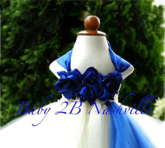 Mariage - Cobalt Blue Flower Girl Dress  Wedding Flower Girl Tutu Dress in Ivory  All Sizes