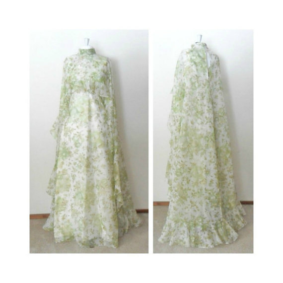 زفاف - Boho Wedding Dress - Sleeveless Maxi - Matching Long Sheer Ruffle Cape - Green Floral Print - 32 Bust 28 Waist S M - Rustic Wedding Bride