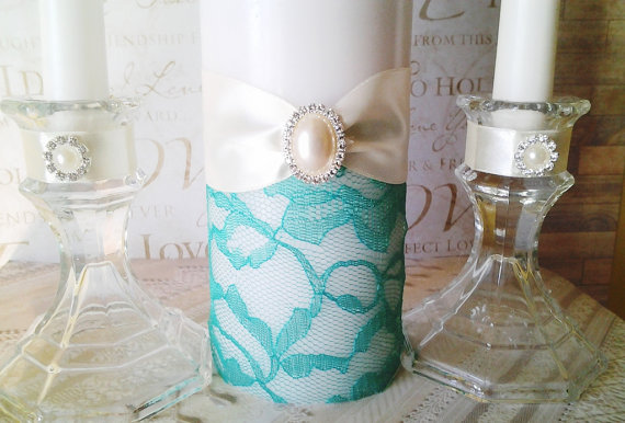 Wedding - blue lace wedding ceremony unity candle set brooch crystal rhinestone pearl confirmation bautism