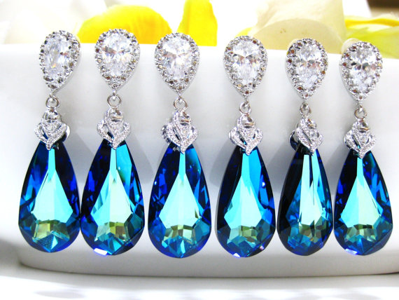 زفاف - 15% OFF Set of 7 Bermuda Blue Swarovski Crystal Teardrop Earrings Wedding Jewelry Bridesmaid Gift Bridal Earrings Blue (E002)