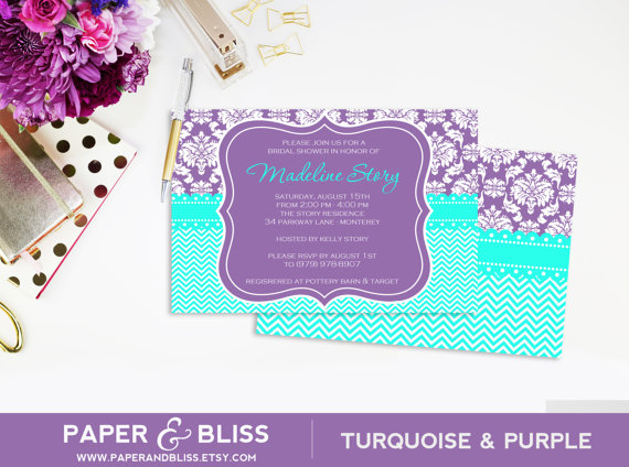 زفاف - Purple Damask & Turquoise Chevron - Invitation - Bridal Shower - Baby Shower - Wedding Shower