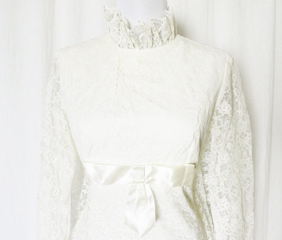 Mariage - Vintage 70s Sheer Lace Long Wedding Dress M Cape Train High Collar Cream