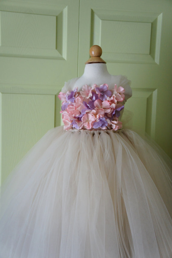 Wedding - Flower girl dress, Champagne Dress, Champagne tutu dress, Lavender and Pink Flowers, flower top, hydrangea top, toddler tutu dress