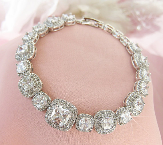 زفاف - Crystal Bridal Bracelet Cushion Cut Halo Square Rhinestone Wedding Bracelet Cubic Zirconia Bridal Jewelry CZ Silver