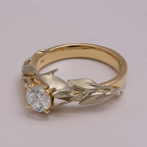 زفاف - Two Tone Leaves Engagement Ring - 14K White and Yellow Gold Diamond ring, unique engagement ring, leaf ring, Alternative Engagement Ring