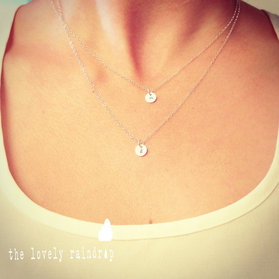 زفاف - SALE - Two Customized 1/4" Disc Sterling Silver Necklaces - Stamped Initial - Personalized Charm - Wedding Jewelry - Gift For - Minimalist