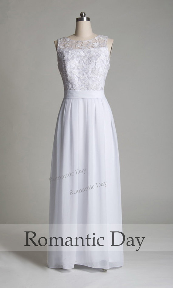 Hochzeit - 2015 summer White Lace Illusion Neckline A-Line Chiffon wedding dress/summer Wedding dress/beach Wedding dress/Custom Made 0155