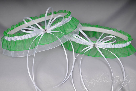 Hochzeit - Wedding Garter Set in Emerald Green and White with Swarovski Crystals