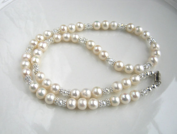 Wedding - Magnetic Clasp White Freshwater Pearl Necklace White Pearl Bridal Necklace Wedding Jewelry (18.5 inches)