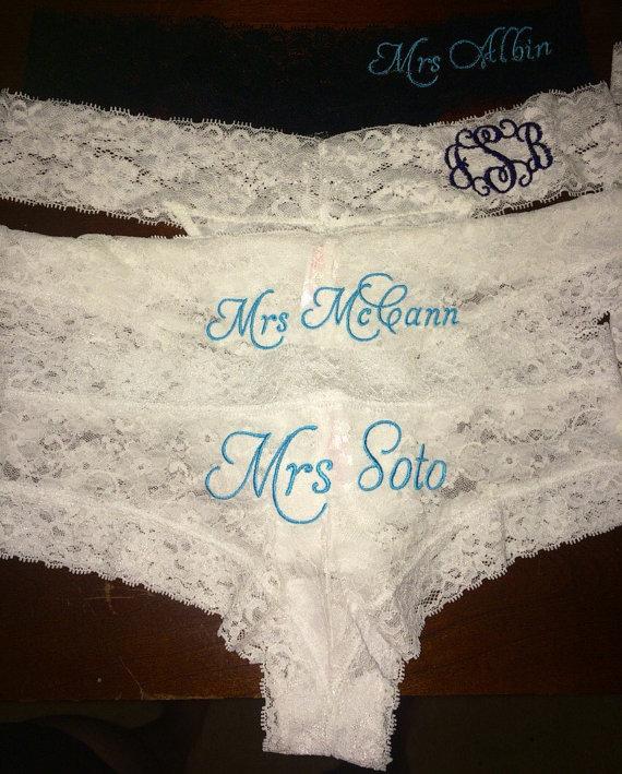 Wedding - Monogram bridal cheeky underwear; monogram wedding panties; personalized lace underwear; something blue; custom bridal underwear