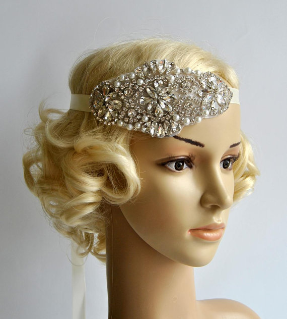 Hochzeit - Crystal Pearls Rhinestone, flapper Gatsby Headband, Wedding Headband Headpiece, Halo Bridal Headpiece, 1920s Flapper headband