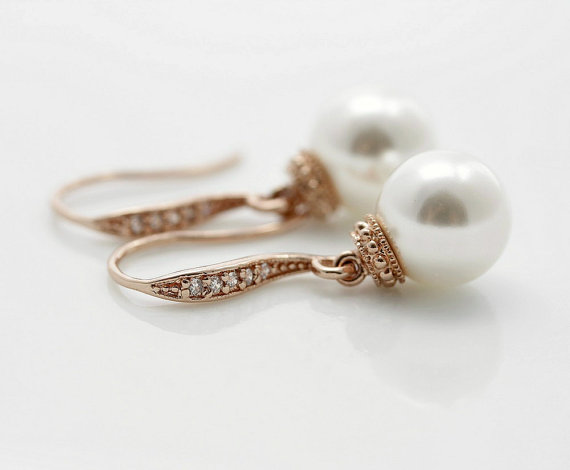 Hochzeit - Bridal Pearl Earrings Rose Gold Bridesmaid Jewelry Cubic Zirconia Pearl Wedding Earrings Swarovski Pearl Drops Wedding Jewelry