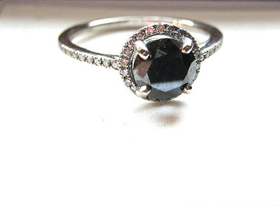 زفاف - Genuine Black Diamond 7mm Round with White Diam Halo Engagement Wedding Set Ring 1+ cts 14k Gold Handmade size 6 6.5 7 7.5 8 Fine Jewelry