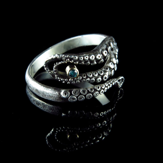 زفاف - SALE - Blue Diamond Engagement Ring, Wedding Band, Sterling Silver, 14K gold Octopus Jewelry, Tentacle Jewelry, Men's jewelry