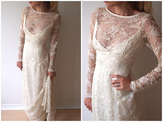Wedding - vintage 90s STUNNING SHEER sleeve open back SHEATH lace wedding dress