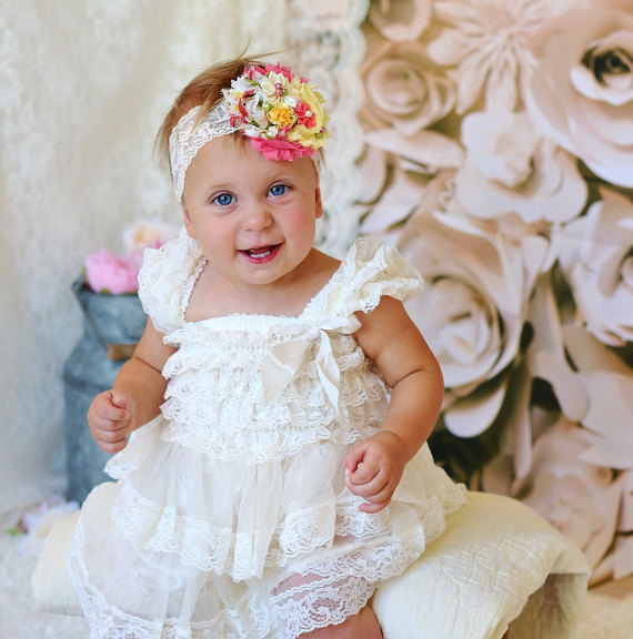 Wedding - ivory lace dress headband SET,Toddler, baby dress,Flower girl dress,First/1st Birthday Dress,Vintage style,girls photo outfit