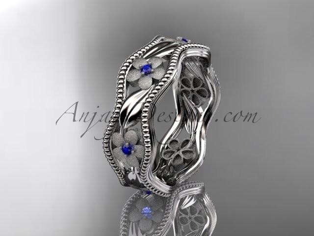 زفاف - 14kt white gold blue sapphires flower wedding ring, engagement ring, wedding band. ADLR190