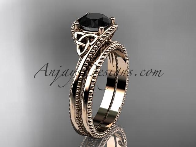 Wedding - 14kt rose gold diamond celtic trinity knot wedding ring, engagement set with a Black Diamond center stone CT7322S