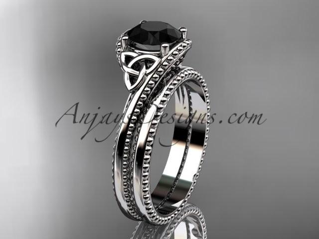 Mariage - platinum diamond celtic trinity knot wedding ring, engagement set with a Black Diamond center stone CT7322S