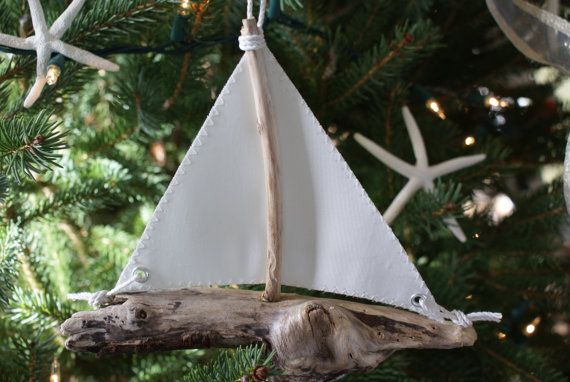 Wedding - Driftwood Sailboat Ornament Made From Retired Sails