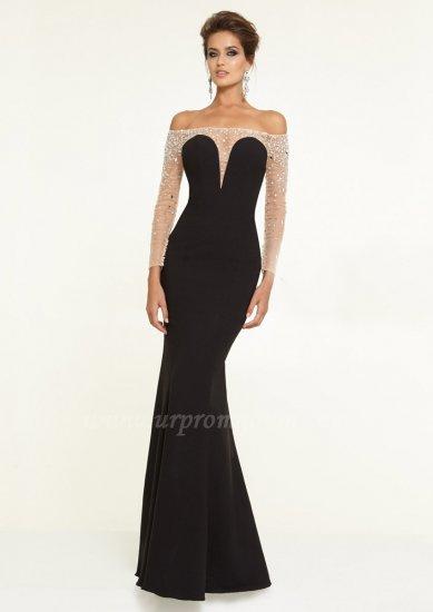 Hochzeit - 2015 Mori Lee 97145 Black Long Sleeve Off the Shoulder Prom Gown