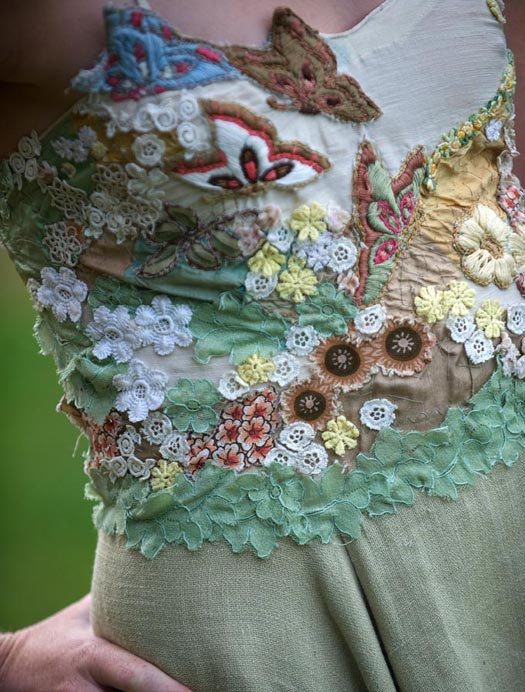 زفاف - Farfalla, Our Ethereal Fairy Wedding Dress Made Of Green Hemp Silk, Embroidered With Butterfly's And Vintage Lace, A Unique Bohemian Dress
