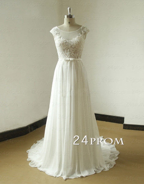 زفاف - White A-line Round Neck Chiffon Lace Long Prom Dresses, Formal Dresses - 24prom