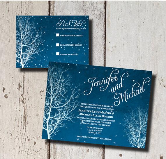 زفاف - Winter Wedding Invitation Suite-Printable- Starry Nite-Branch-DIY-Custom-Blue-White-Stars