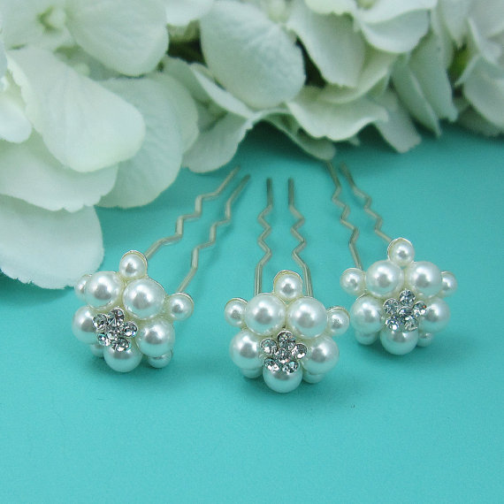Wedding - Crystal Pearl pearl wedding hair pin, Set of 3, bridal hair accessories, pearl rhinestone hairpin, bridal hair pearl, bridal hairpins