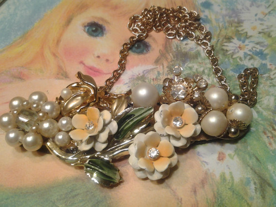 Hochzeit - enamel vintage jewelry brooch earring flower pearl upcycled repurposed statement wedding bride necklace