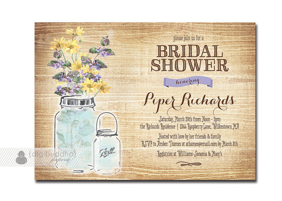 Свадьба - Mason Jar Bridal Shower Invitation Rustic Wood Chic Watercolor Wildflowers Typography Classic FREE PRIORITY SHIPPING or DiY Printable- Piper