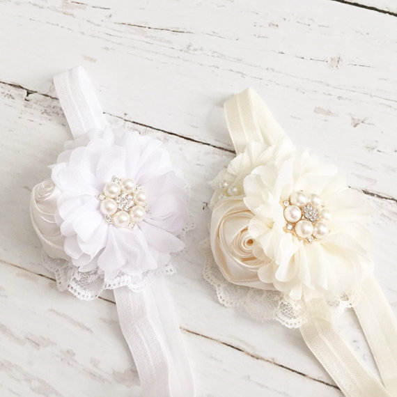 Свадьба - Cream ivory or white headband-chiffon satin pearl headband-wedding flower girl baptism headband-holiday christmas headband