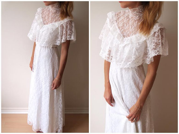 Mariage - vintage 80s ruffled lace high neck wedding dress