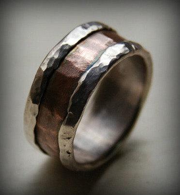 Wedding - mens wedding band - rustic fine silver and copper ring - handmade artisan designed wedding or engagement band - customized