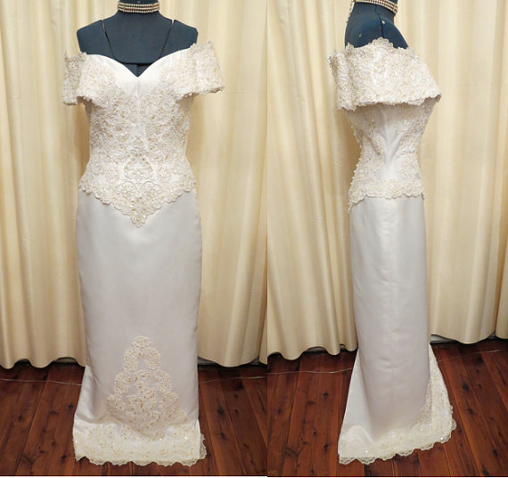 زفاف - Vintage Beaded Off the Shoulder Sexy White Wedding Dress With Ivory Lace