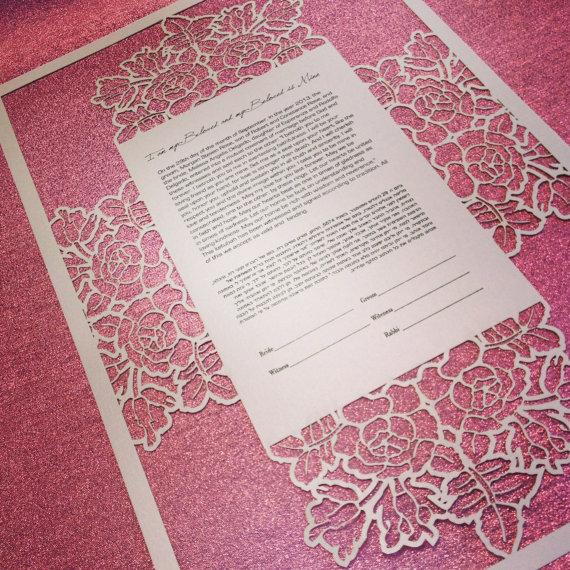 Hochzeit - Rose Bouquet Laser Cut Ketubah - Custom Printed with Your Wording.
