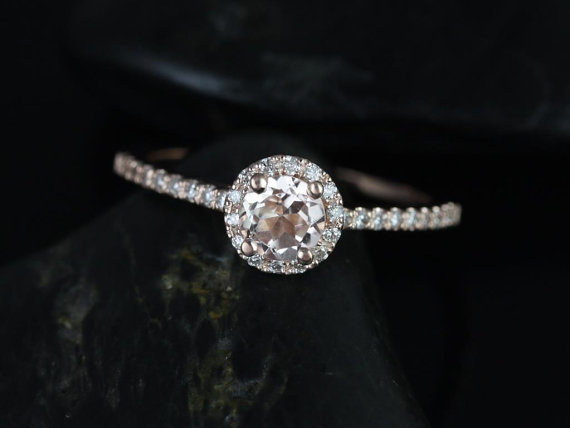 زفاف - Amanda 5mm 14kt Rose Gold Round Morganite and Diamonds Halo Engagement Ring (Other metals and stone options available)