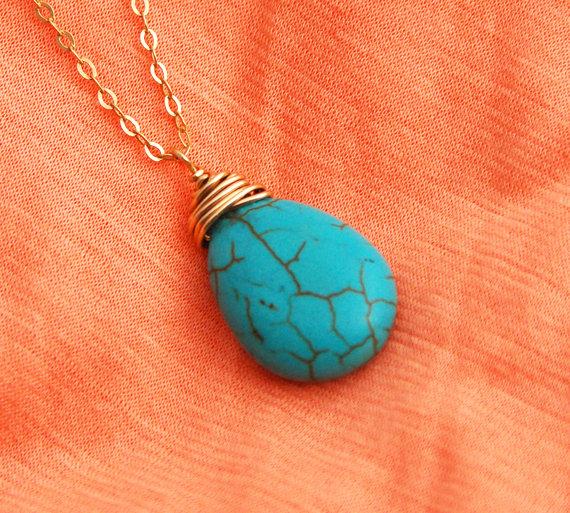Mariage - Turquoise necklace, gold necklace, Turquoise drop necklace, wire wrapped turquoise, Bridesmaid turquoise necklace drop gift for her