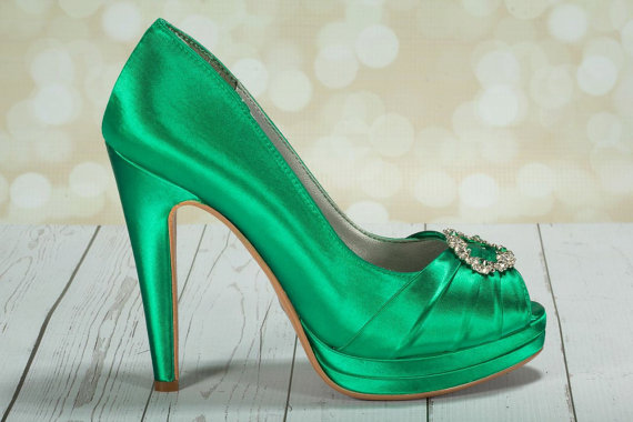 Hochzeit - Emerald Green Wedding Shoes- Green Irish Wedding Platform Heels With Crystal - Choose From Over 100 Colors- Open Toe Platform Wedding Heels