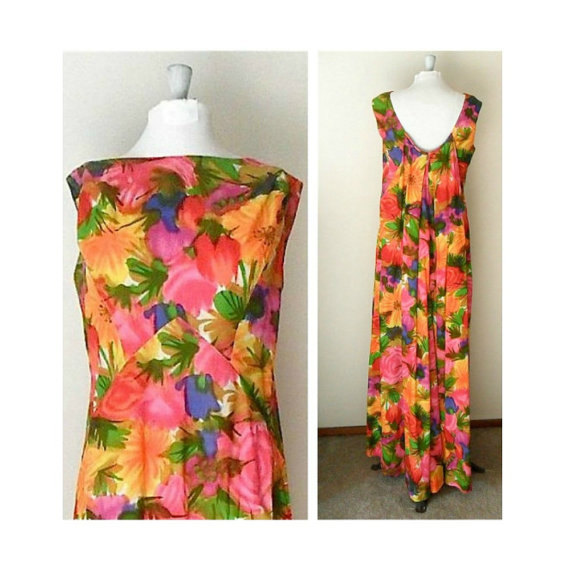 Hochzeit - Grecian Hawaiian Wedding Dress With Short Train - Liberty House By Kiyomi - Long Maxi Gown - Floor Length - Neon Watercolor Floral - Medium