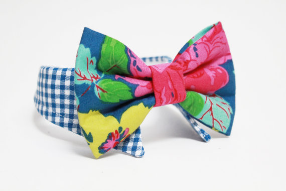 زفاف - Shirt and bow tie dog collar- Floral bow tie and gingham -  wedding dog collar