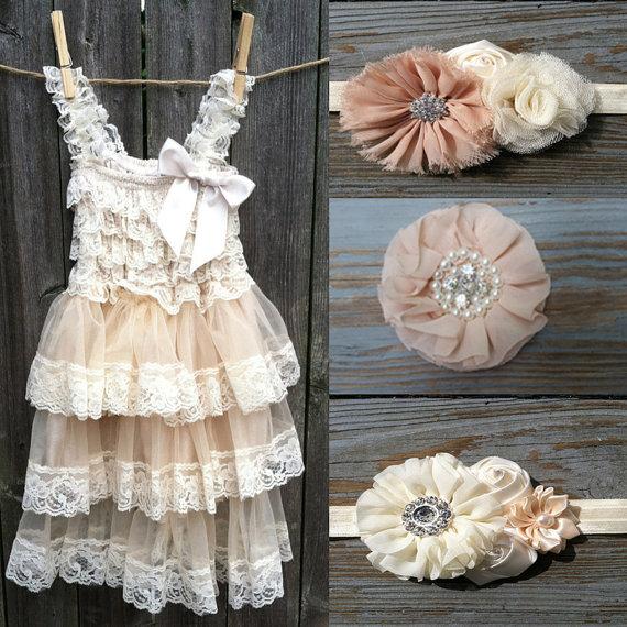 Свадьба - Flower Girl Dress -Lace Pettidress-Rustic Flower Girl-Country Flower Girl Dress- Cream-Champagne Dress-Country Wedding-With Headband