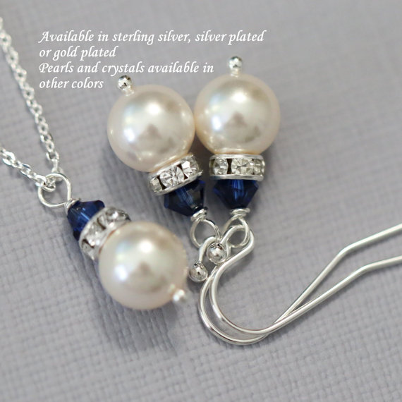 Свадьба - CHOOSE YOUR COLORS Bridesmaid Jewelry Set, Ivory Cream Pearl and Navy (Dark Sapphire) Jewelry, Bridemaid Necklace and Earring Set
