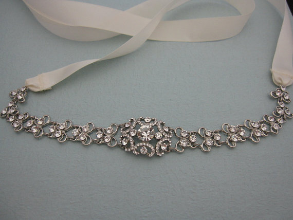 Hochzeit - Bridal belt sash ribbon, rhinestone bridal sashes, jeweled bridal belts, rhinestone wedding dress sashes, IVORY SASH