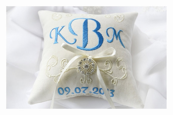 Mariage - Rhinestone Ring bearer pillow, wedding ring pillow , Monogrammed ring pillow , embroidery wedding pillow (R6)